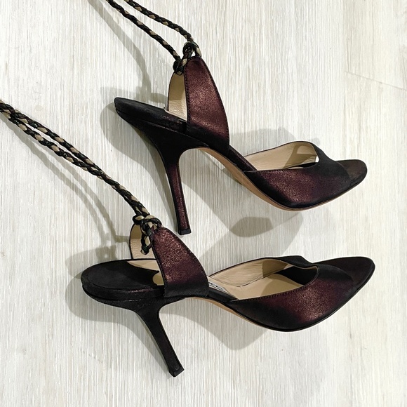 JIMMY CHOO: Bronze metallic, ankle-wrap, stiletto, gold chain tassel. Size 37 - Picture 6 of 7